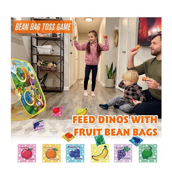 Dinosaur Toss Game with 6 Fruit Bean Bags, 2 Throwing Axes, 6 Sticky Balls - Picture 2 of 5